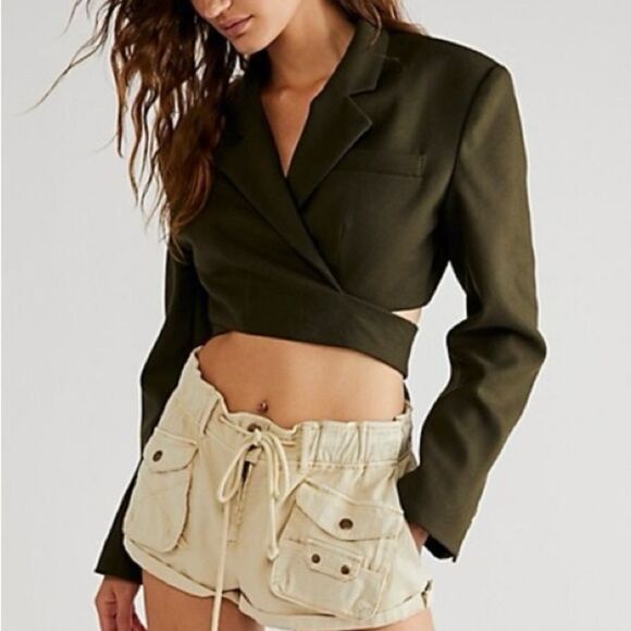 Ronny Kobo Torn Zuna Cropped Blazer Wrap Button Back Shoulders Pads Olive Green - Picture 3 of 6